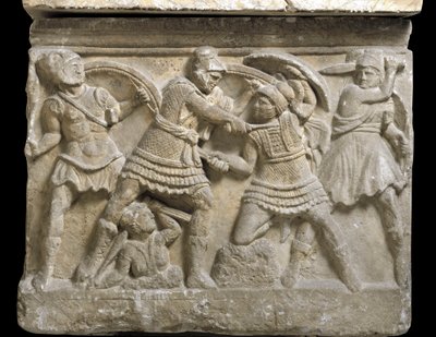Etruskisk kunst: "" Eteocle og Polynice""" de to brødre, søn af Ødipus, Basrelief af en sarkofag af Chiusi, 3. århundrede f.Kr. - Palermo, Museo Archeologico Nazionale - Duel mellem brødrene Eteocles og Polynices, sønner af Oedipus - Bas -lettelse, detalje af Etruscan Etruscan