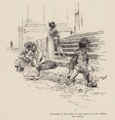 Liggestole på trappen til Santa Maria del Popolo-kirken (kobberstik) af Ettore Tito