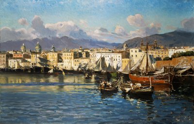 Den gamle havn i Palermo (olie på lærred) af Ettore de Maria Bergler