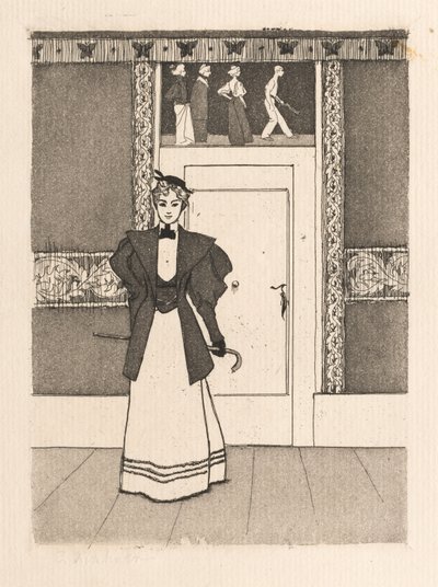 Interiør med ung kvinde i gåkostume, 1895. af Eugen Kirchner