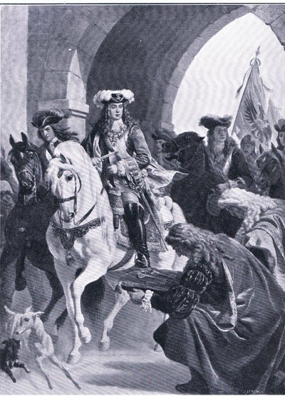 Østrigerne på vej ind i Beograd, illustration fra Landmarks in European History udgivet af Gresham Publishing Co, ca. 1920 (litho) af Eugen von Blaas