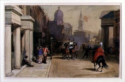 Trafalgar Square fra Pall Mall, ca. 1848-52 (akvarel og gouache over blyant på papir) af Eugene Louis Lami