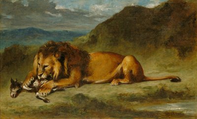 Lion Devouring a Goat, ca. 1850 (olie på lærred) af Eugene  Delacroix