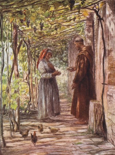 Broder Masseo udnævnes til dørvogter (farvelitografi) af Eugene (after) Burnand