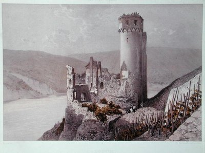 Schloss Ehrenfels i Rhindalen, ca. 1863 (farve litho) af Eugene (after) Ciceri