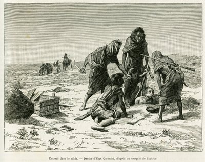 Begrav i sandet. Gravering af Eugene Girardet, til illustration af historien Fem måneder i de nomadiske hedeområder i Vestsahara, i 1887, af Camille Douls, i le tour du monde 1888, under ledelse af Edouard Charton (1807-1890), Hachette, Paris. af Eugene Alexis Girardet