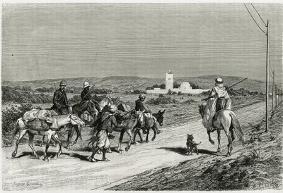 Vores trailer flytter. Graveret af Eugene Girardet, for at illustrere historien "" Voyage en Tunisie", af Rene Cagnat (1852-1937) historiker og Henri Saladin (1851-1923), arkitekt, bestilt i 1882-1883 af Ministeriet for Offentlig Undervisning. Udgivet i af Eugene Alexis Girardet