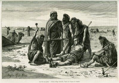 Den vil gå på fødderne. Gravering af Eugene Girardet, for at illustrere historien Cinq mois chez les moures nomades du Sahara occidental, i 1887, af Camille Douls, i le tour du monde 1888, under ledelse af Edouard Charton (1807-1890), Hachette, Paris. af Eugene Alexis Girardet