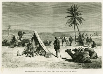 Rejselejr i nærheden af Tozeur. Gravering af Eugene Girardet for at illustrere historien Voyage en Tunisie, af R.Cagnat og H.Saladin, i le tour du monde 1886, instrueret af Edouard Charton (1807-1890), Hachette, Paris. af Eugene Alexis Girardet