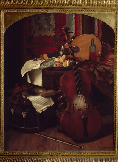 Stilleben med musikinstrumenter. Maleri af Eugene Appert (1814 - 1867) af Eugene Appert