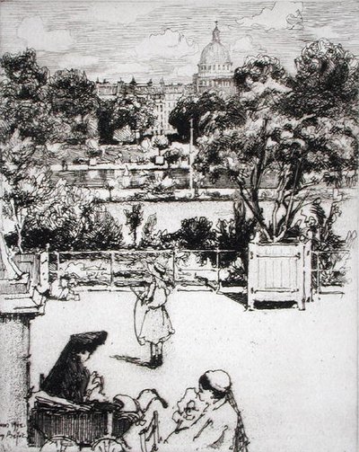 Pariserpark, fra "Du Ier au XXeme: Les Arondissements de Paris...", udgivet 1903 (radering) af Eugene Bejot