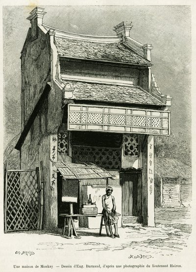 Et Monkay-hus. Gravering af Eugene Burnand til illustration af historien Sur les frontières du Tonkin, af doktor P.Neiss, i le tour du monde 1888, instrueret af Edouard Charton (1807-1890), Hachette, Paris. af Eugene Burnand
