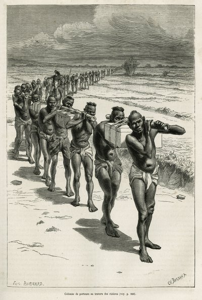 Søjle af bærere gennem rismarkerne, mellem Bassac og Hue, ætset efter en tegning af Eugene Burnand, for at illustrere historien om Laos og de vilde befolkninger i Indokina, af Dr. Harmand, i 1877, udgivet i tour du monde, under det direkte af Eugene Burnand