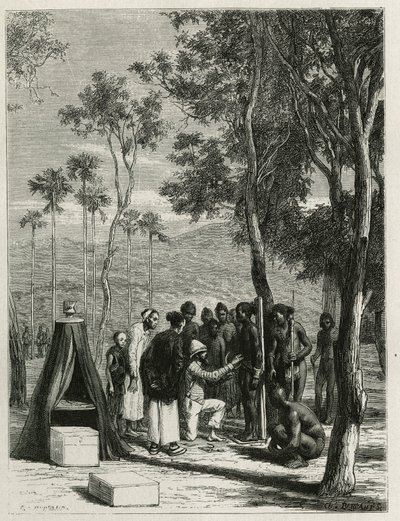 Dr. Harmand foretager en antropologisk måling af den oprindelige Khas, en Attopeu (Laos), gravering af Eugene Burnand, for at illustrere historien om Laos og de vilde befolkninger i Indokina af Dr. Harmand, i 1877, offentliggjort i tour du monde, under af Eugene Burnand