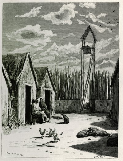 Missionærpladsen i Meuong Ngan. Gravering af Eugene Burnand, for at illustrere historien "Rejsen i Øvre Laos", i 1880, af Dr. P.Neis. Udgivet i Le Tour du monde, nouveau journal des voyages, 2. semester 1885, redigeret af Edouard Charton (1807-1890), red. af Eugene Burnand