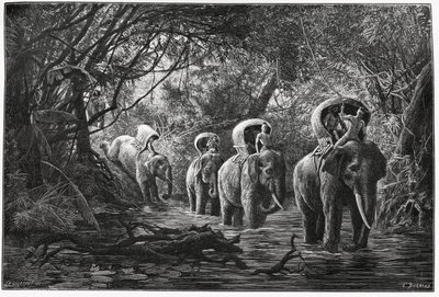 På vej ind i skoven rejser ekspeditionen på ryggen af en elefant. Gravering af Eugene Burnand, for at illustrere historien "Rejsen i Øvre Laos", i 1880, af Dr. P.Neis. Udgivet i Le Tour du monde, nouveau journal des voyages, 2. semester 18 af Eugene Burnand