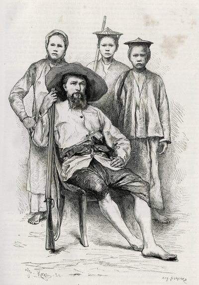 Portræt af forfatteren, omgiver hans rejsekammerater. Gravering af Eugene Burnand, for at illustrere historien "Rejsen i Upper Laos", i 1880, af Dr. P.Neis. Udgivet i Le Tour du monde, nouveau journal des voyages, 2. semester 1885, redigeret af Edou af Eugene Burnand