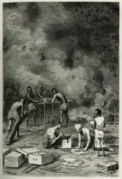 Tørringen af herbarieplanter på store bambusler, før lægen klassificerer dem og opbevarer dem i sine kasser, graveret af Eugene Burnand, for at illustrere historien om Laos og de vilde befolkninger i Indokina af doktor Harmand, i 1877, udgivet af Eugene Burnand