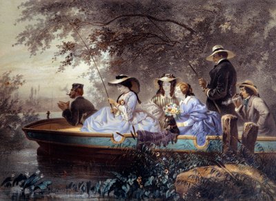 En søndag med familien, fiskeri i floden Litografi af Eugene Guerard (1821-1866) Paris fra det 19. århundrede, Musee Carnavalet af Eugene Charles Francois Guerard