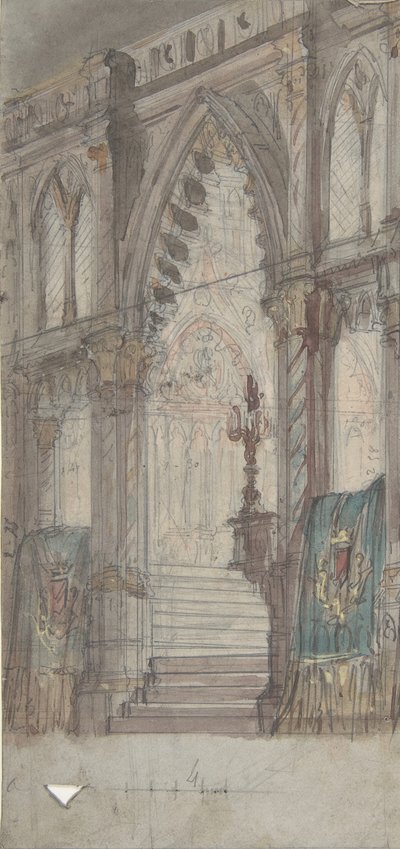 Design til en scene i Opéra, Paris: Kirkens interiør, 1830-90. af Eugene Ciceri