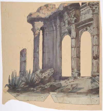 Design til en scene i Opéra, Paris: Columned Exterior, 1828-90. af Eugene Ciceri