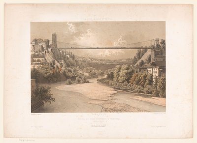 Gezicht op de hangbrug over de Sarine, te Fribourg Schweiz Savoy og Tyrol / Profil af hængebroen i Fribourg (Kanton Fribourg) (titel på objekt) af Eugene Ciceri