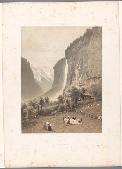 Picnic med udsigt over Staubbach-vandfaldet Le Staubbach (titel på objekt) La Suisse et la Savoie (serietitel) Ansigter i Schweiz og Savoy (serietitel på objekt) af Eugene Ciceri
