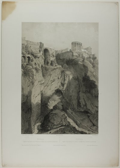 Tivoli: The Temples of Vesta and the Sibyl, and Ruins of the Grotte of Neptun, plade nitten fra Italie Monumentale et Pittoresque af Eugene Ciceri