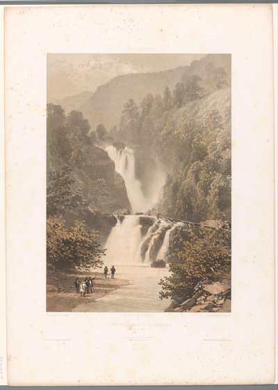 Vandrere med udsigt til Reichenbach-vandfaldet Chateau inferior du Reichenbach (titel på objekt) Ansigter i Schweiz og Savoy (serietitel) La Suisse et la Savoie (serietitel på objekt) af Eugene Ciceri