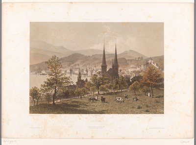 Udsigt over Luzern Lucerne (titel på objekt) Seværdigheder i Schweiz, Savoy og Tyrol (serietitel på objekt) La Suisse, la Savoie et le Tyrol (serietitel) af Eugene Ciceri