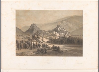 Udsigt over Sion i Rhone-dalen Zion (titel på objekt) Ansigter i Schweiz, Savoy og Tyrol (serietitel) La Suisse, la Savoie et le Tyrol (serietitel på objekt) af Eugene Ciceri