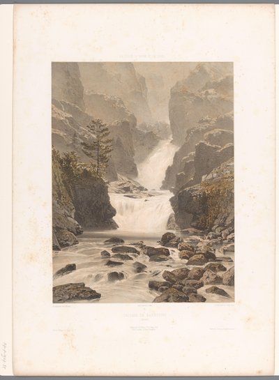 Udsigt over Barberine-vandfaldet nær Vallorcine Cascade de Barberine (titel på objekt) Ansigter i Schweiz, Savoy og Tyrol (serietitel) La Suisse, la Savoie et le Tyrol (serietitel på objekt) af Eugene Ciceri