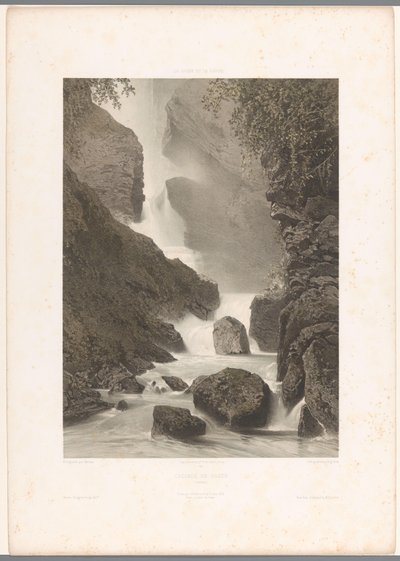 Udsigt over Chède-vandfaldet Cascade de Chède (titel på objekt) La Suisse et la Savoie (serietitel) Ansigter i Schweiz og Savoy (serietitel på objekt) af Eugene Ciceri