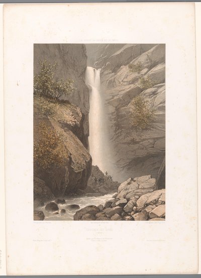 Udsigt over Dard-vandfaldet Cascade du Dard (titel på objekt) Ansigter i Schweiz, Savoy og Tyrol (serietitel) La Suisse, la Savoie et le Tyrol (serietitel på objekt) af Eugene Ciceri