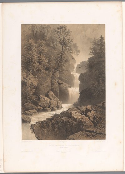 Udsigt over Reichenbach-vandfaldet Chûte, inferior du Reichenbach (titel på objekt) Ansigter i Schweiz og Savoy (serietitel) La Suisse et la Savoie (serietitel på objekt) af Eugene Ciceri