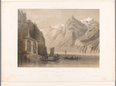Udsigt over Tells-kapellet ved Luzern-søen La Chapelle de G.me Tell et le lac des Quatre-Cantons (titel på objekt) Ansigter i Schweiz, Savoy og Tyrol (serietitel) La Suisse, la Savoie et le Tyrol (serietitel på objekt) af Eugene Ciceri