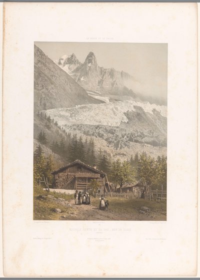 Udsigt over bjergtoppene Aiguille Verte og Dru og gletscheren Mer-de-Glace Aiguille verte et du Dru - Mer de Glace (titel på objekt) Ansigter i Schweiz og Savoy (serietitel) La Suisse et la Savoie (serietitel på objekt) af Eugene Ciceri