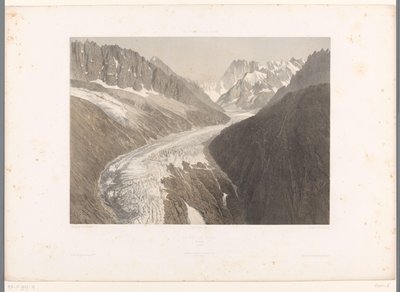 Udsigt over Mer-de-Glace-gletsjeren i Chamonix La Mer de Glace, Chamonix (titel på objekt) Ansigter i Schweiz og Savoy (serietitel) La Suisse et la Savoie (serietitel på objekt) af Eugene Ciceri