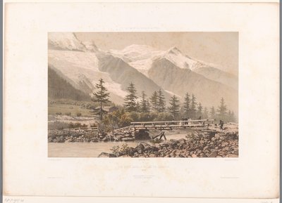 Udsigt over Chamonix-dalen med floden Arve Vue-pris i la Vallée de Chamonix (titel på objekt) Ansigter i Schweiz, Savoy og Tyrol (serietitel) La Suisse, la Savoie et le Tyrol (serietitel på objekt) af Eugene Ciceri