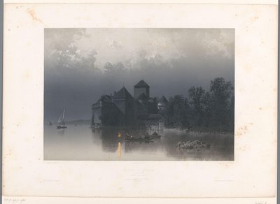 Udsigt over Chillon Slot ved Genevesøen Château de Chillon (titel på objekt) Ansigter i Schweiz og Savoy (serietitel) La Suisse et la Savoie (serietitel på objekt) af Eugene Ciceri