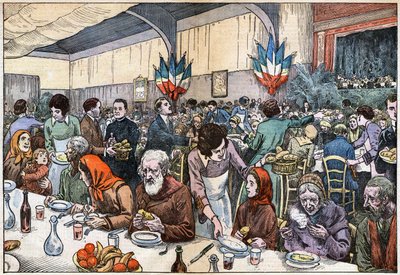 En banket for de fattige (velgørenhed - velgørenhedsudvalg - katolsk nødhjælp - suppe - patronessedame). Juledag 1927 organiserede kardinal Ferrari (instrueret i Paris af Abbe Rivota) en messe for de fattige, efterfulgt af en banket på 2000 dækket. Tegning af Eugene Damblans