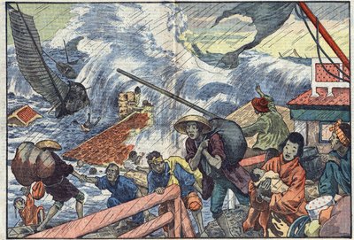 En maree raz og en tyfon ramte Japan. Illustration af svømning. I "Le Pelerin"" fra oktober af Eugene Damblans