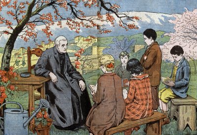 En præst og kommende unge mennesker, der skal tage deres nadver, i en have, tegnet af Damblans fra papiret "Le Pelerin" 17. maj af Eugene Damblans