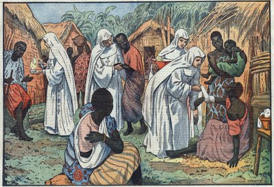 Om indvielsen, på Lateranpaladset, i Rom, af de hvide søstres museer i en landsby i Ækvatorialafrika, hvor de katekiserer og plejer de syge. Illustration af Damblans. I "" Le Pelerin"" af 29. januar af Eugene Damblans