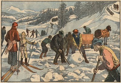 Alpine indbyggere samler isblokke om vinteren til sommeren. I baggrunden dyrker mænd vintersport. Illustration af Damblans. I "" Le Pelerin"" af 18. december af Eugene Damblans