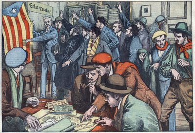 Catalanske separatister forbereder deres plan i Paris. Illustration af Damblans. I "" Le Pelerin"" af 28. november af Eugene Damblans