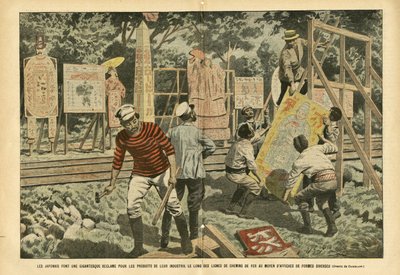 Illustration af Eugene Damblans (1865-1945) i Le Pelerin, 03/09/05 - Japanerne gør et gigantisk krav på deres industris produkter langs jernbanelinjer med plakater i forskellige former - Reklame, Japan, Jernbanetog, Plakater Plakater af Eugene Damblans
