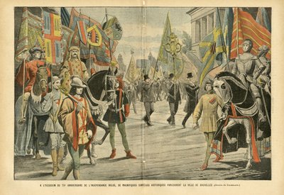Illustration af Eugene Damblans (1865-1945) i Le Pelerin, 06/08/05 - I anledning af 70-året for den belgiske uafhængighed rejser storslåede historiske korteger gennem byen Bruxelles - Belgien, Historie, Flag, Bruxelles, Commemoratio af Eugene Damblans