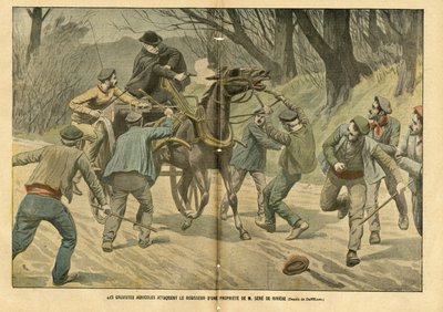 Illustration af Eugene Damblans (1865-1945) i Le Pelerin, 31/01/04 - Landbrugsgrevister angriber regisseur af en ejendom tilhørende M. Sere de Riviere - Socialt, Forskellige fakta, Greve, Transport, Landbrug, Skov, Caleche Fiacre Cab - Arbejder, Hesteheste af Eugene Damblans
