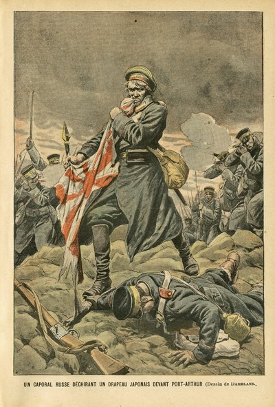 Illustration af Eugene Damblans (1865-1945) i Le Pelerin, 01/01/05 - En russisk korporal river et japansk flag i stykker foran Port Arthur - Rusland, Japan, Port Arthur, Russisk-Japansk krig, Kampe, Rifler - Soldater, Korporal af Eugene Damblans